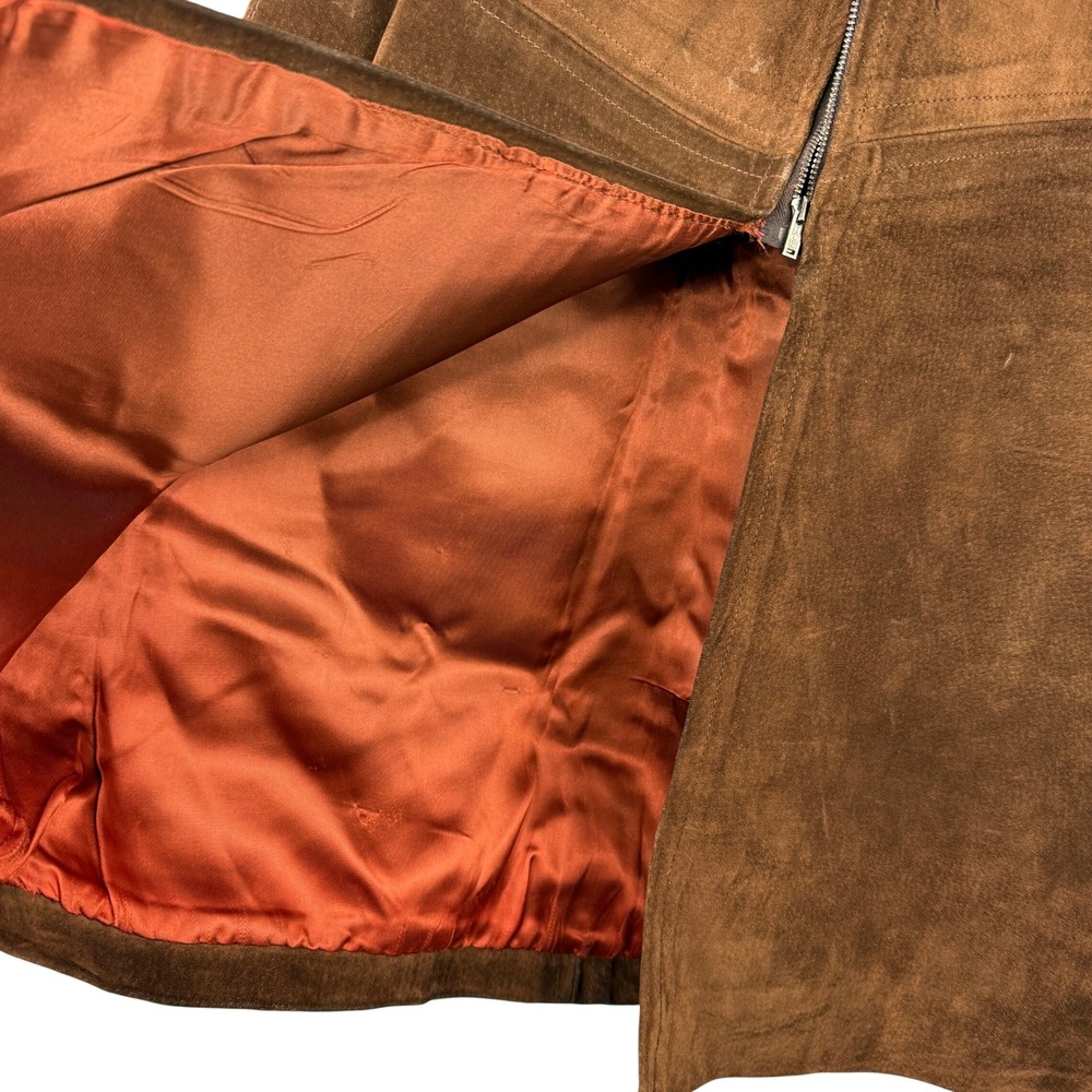 Vintage 70s Suede Leather Midi Skirt Women 26 Brown Western Boho Paneled A-Line - Picture 6 of 11